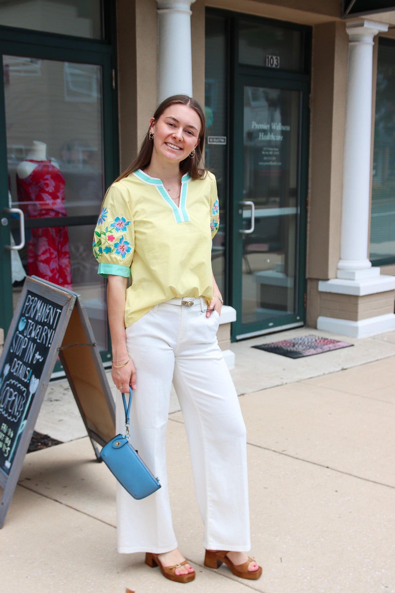 JODIFL EMBROIDERED SLEEVE V-NECK TOP