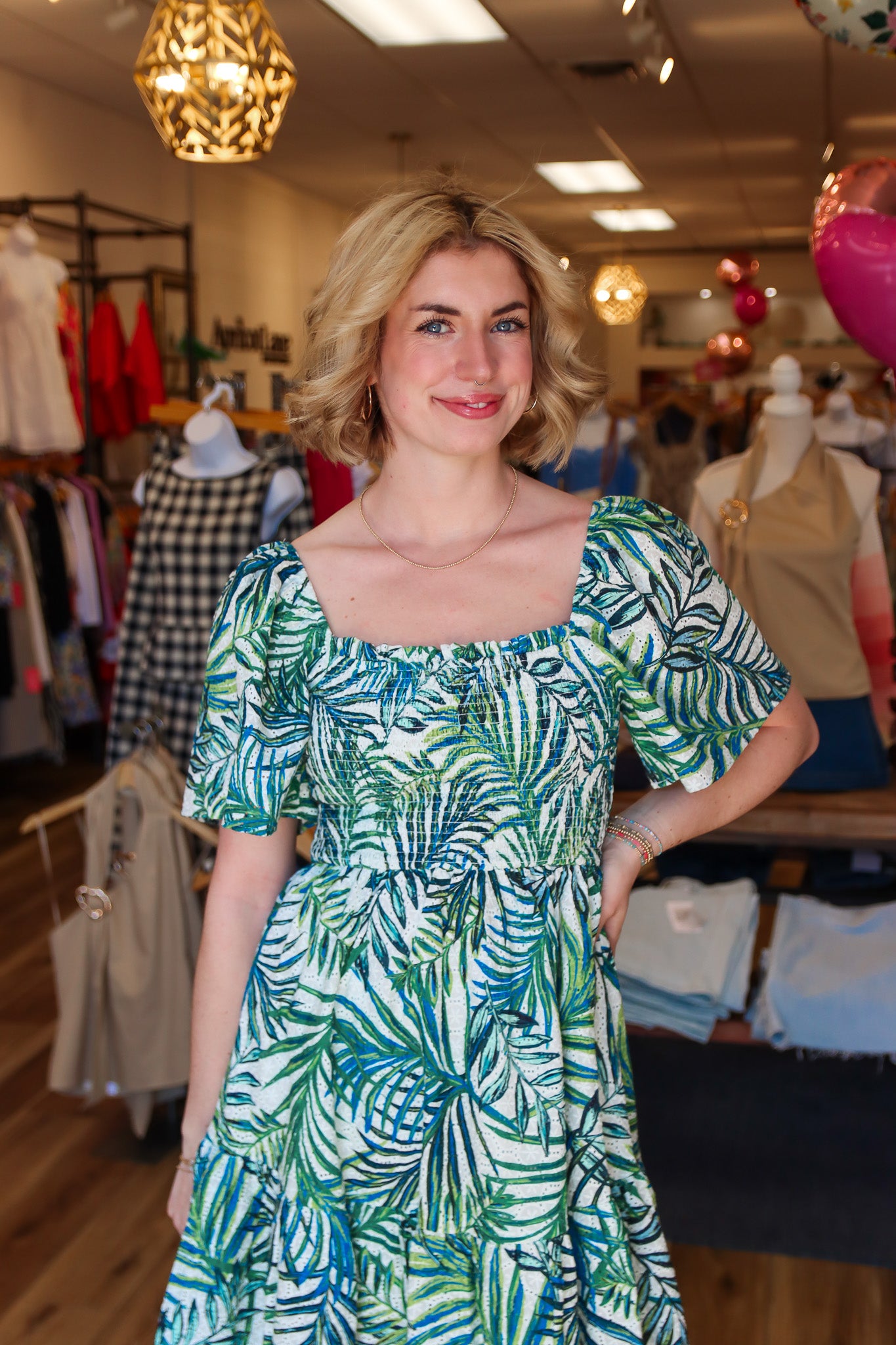 APRICOT LEAF PRINT BRODERIE ANGLAISE DRESS