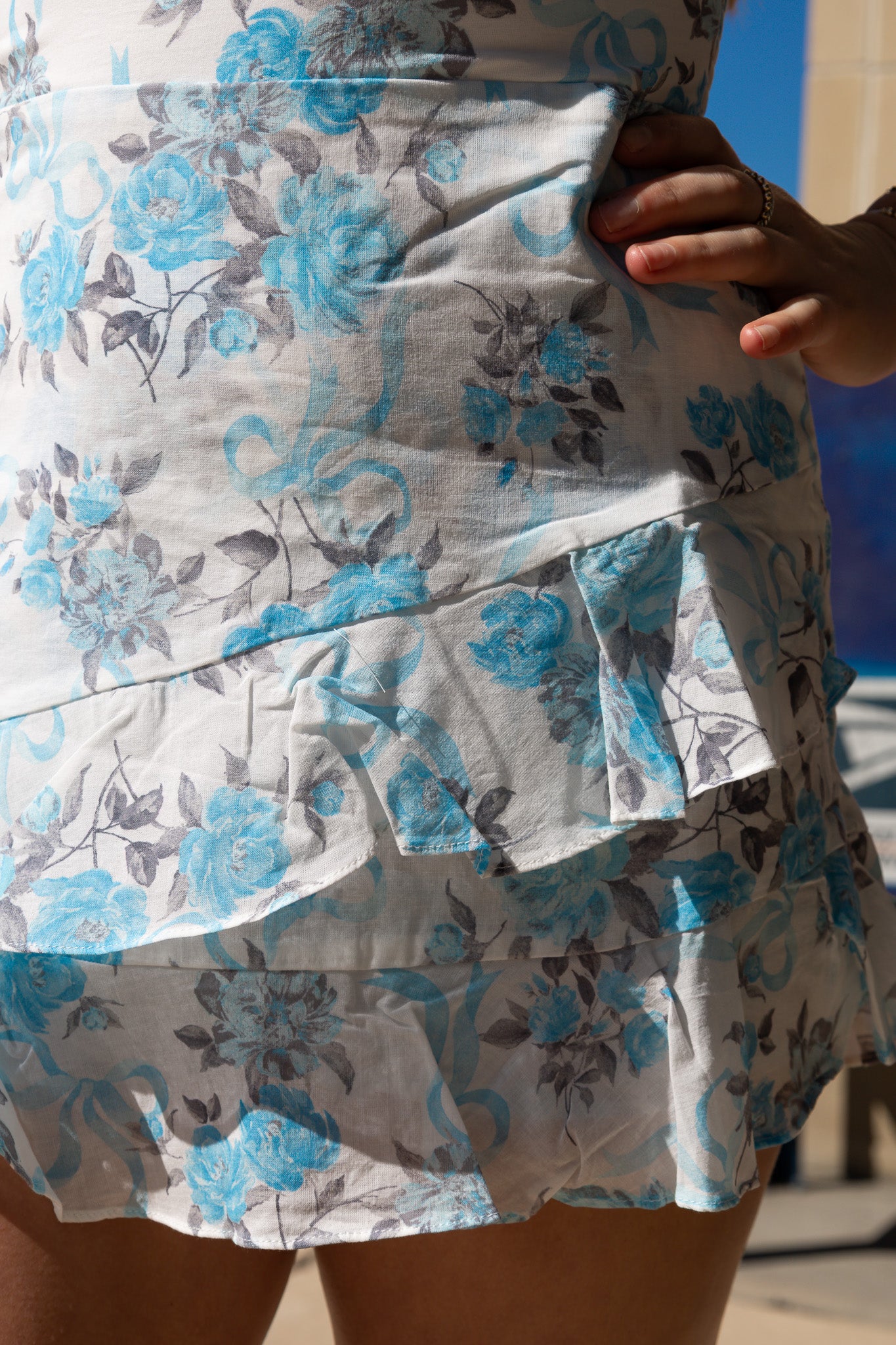 RIBBON FLORAL ASYMMETRIC LAYERED RUFFLE MINI DRESS