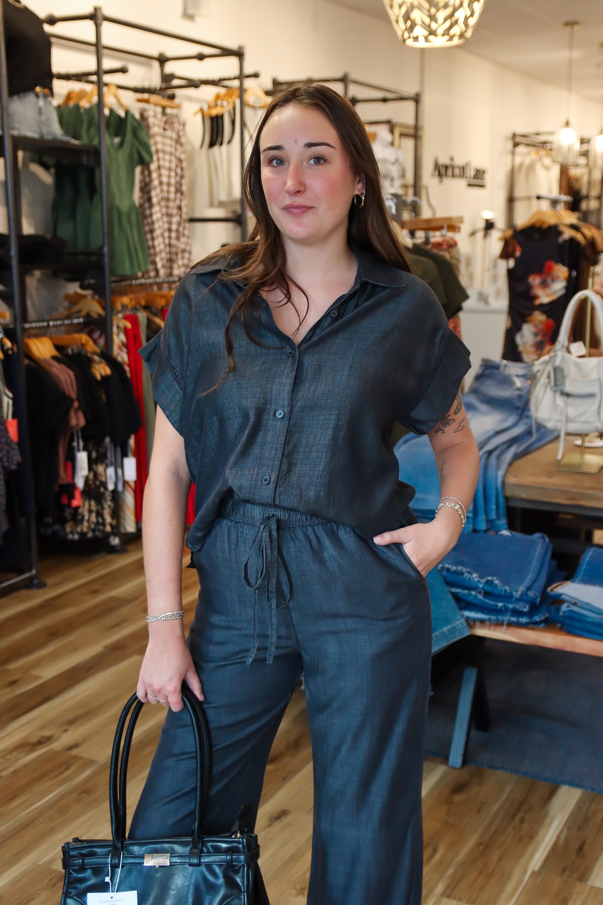 ELAN “BLACK CHAMBRAY” OPEN BACK JUMPSUIT