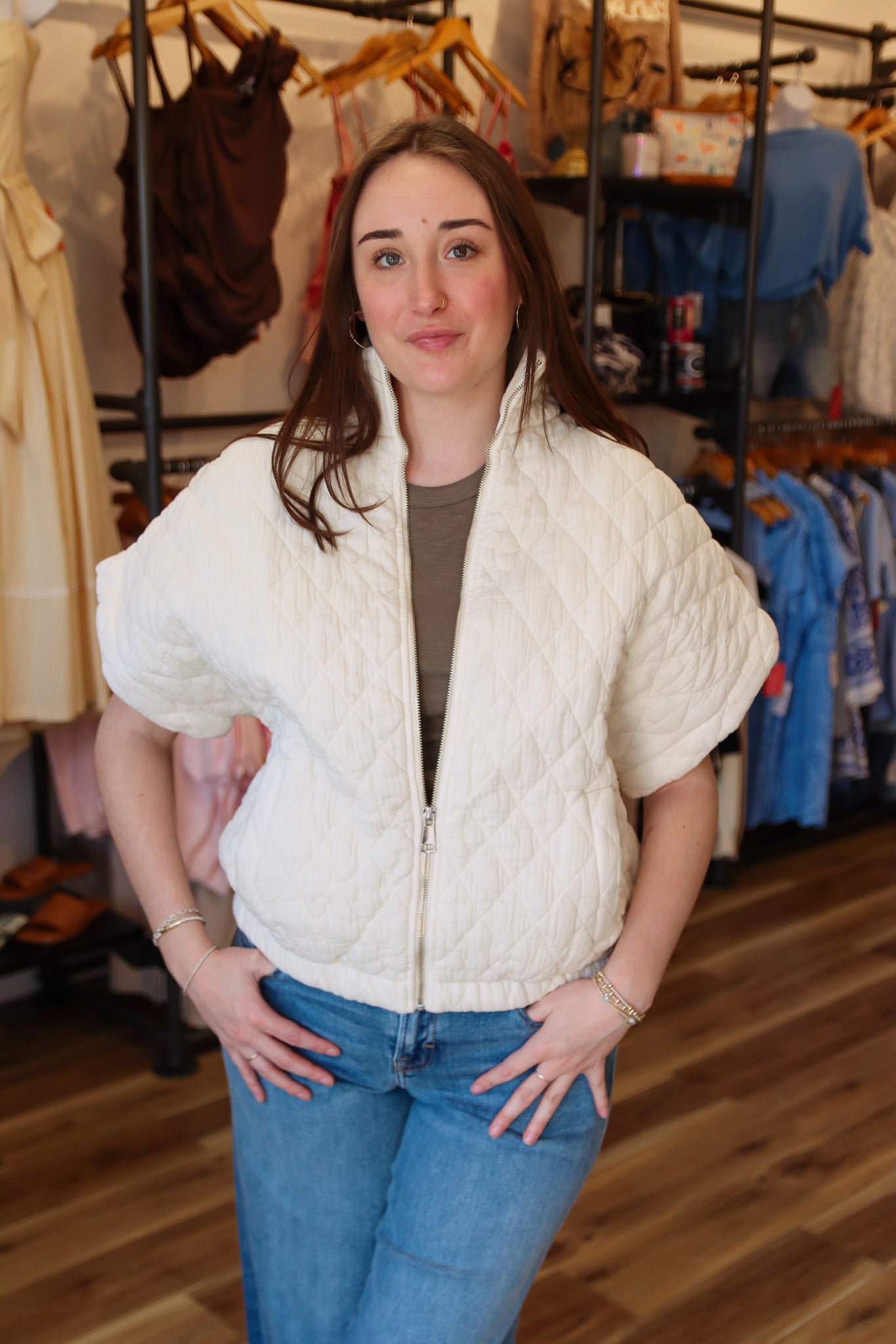 SUZY D “CHARLSTON” QUILTED SHORT SLEEVE JACKET