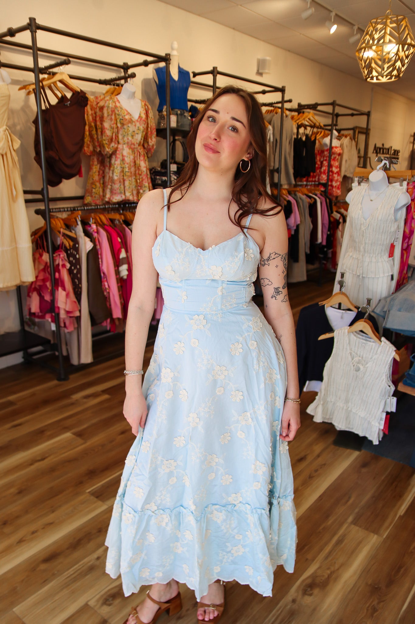 EMBROIDERY LACE UP BACK BUSTIER MIDI DRESS