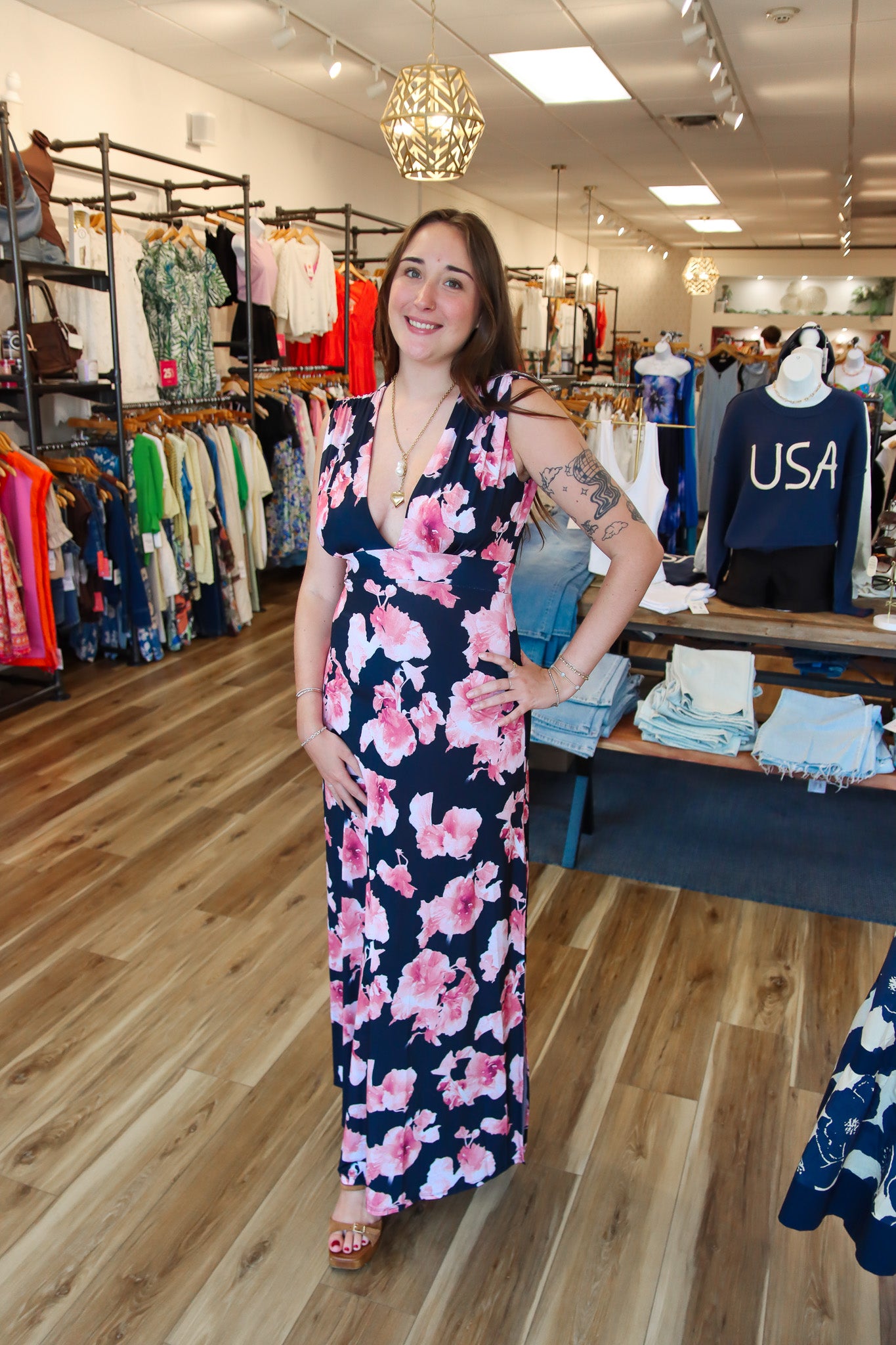 ARIELLA DEEP V PATTERNED MAXI DRESS
