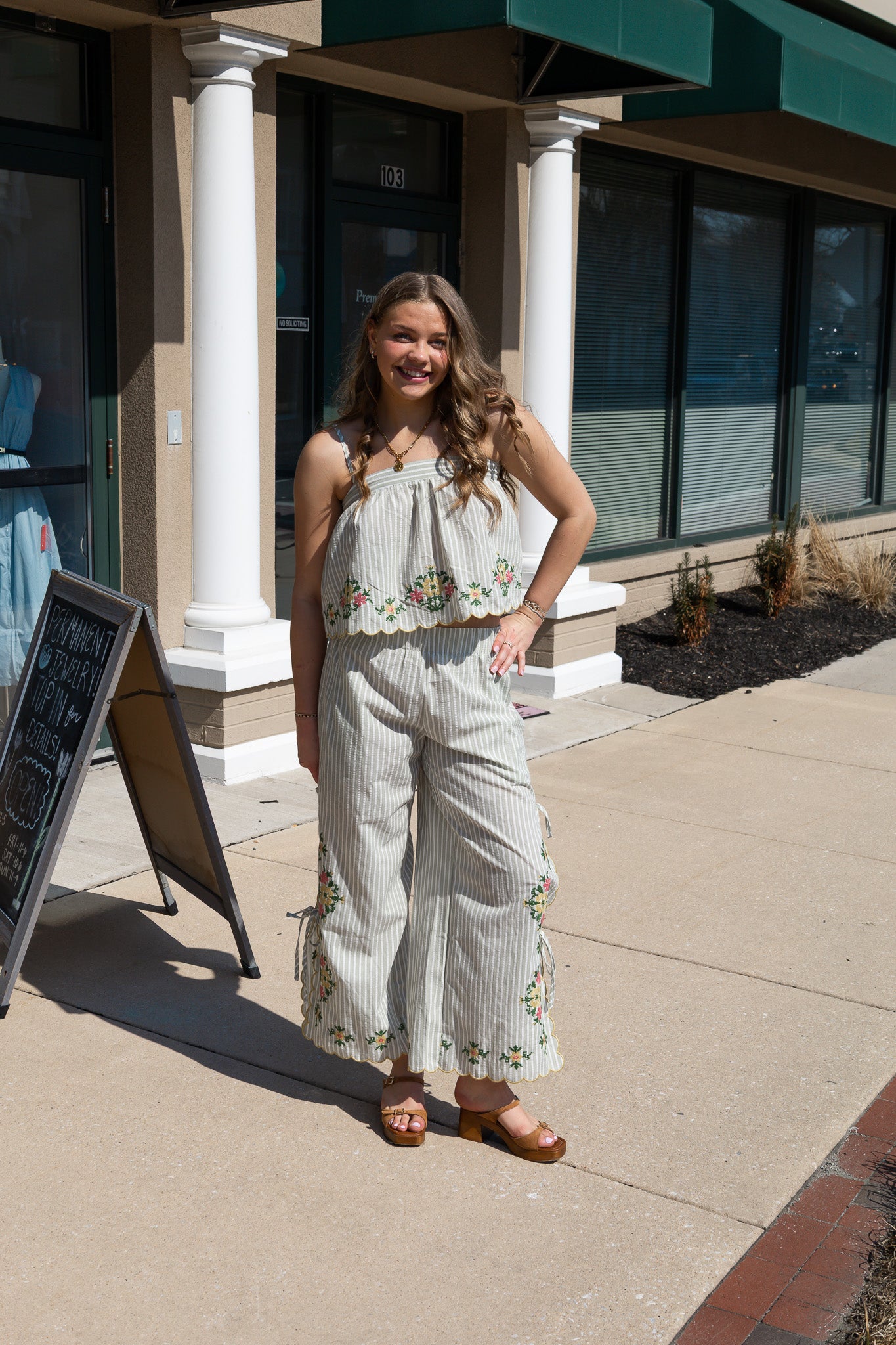 MIOU MUSE FLORAL EMBROIDERED STRIPED TIE TOP