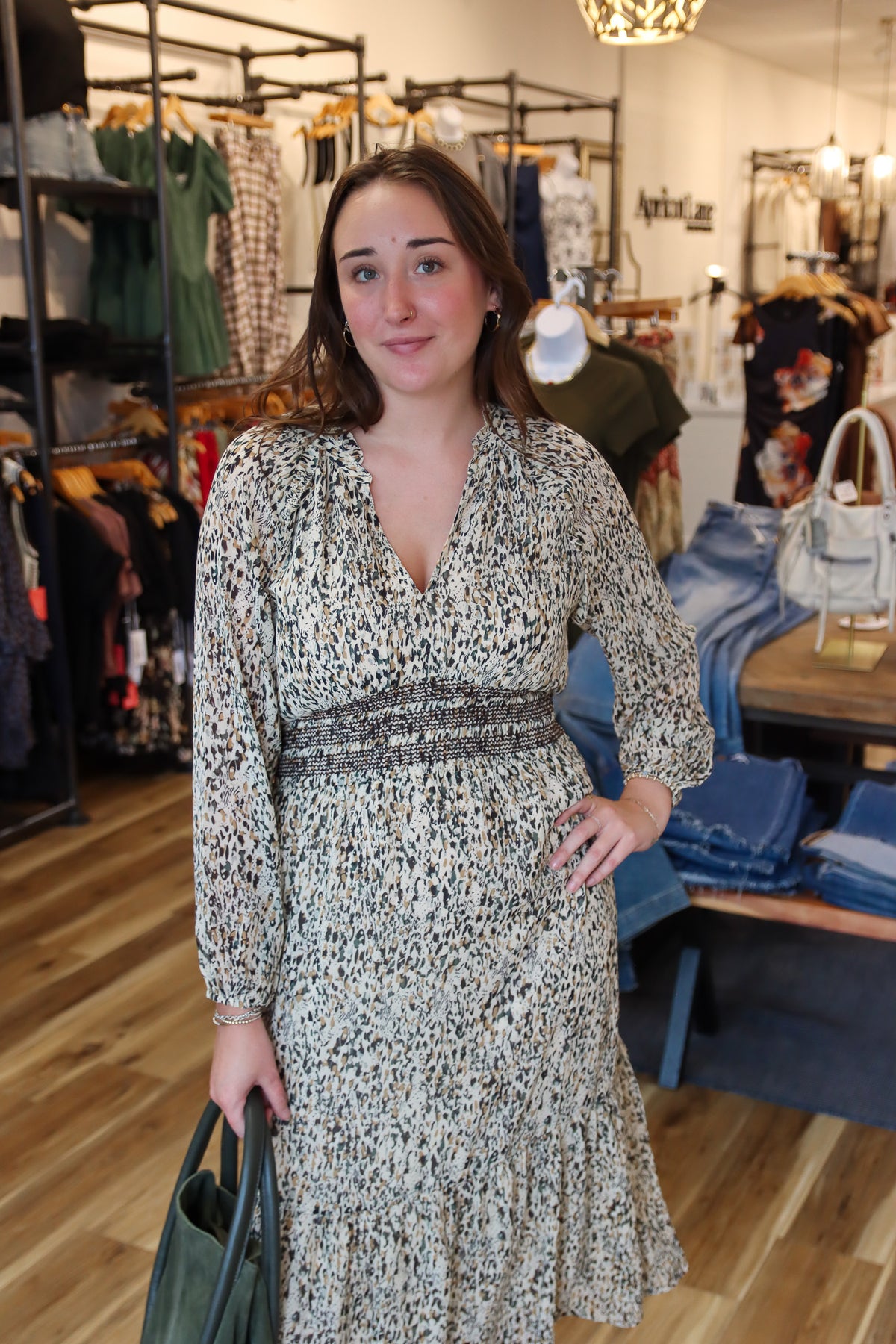 ELAN PRINTED SMOCKED WAIST MIDI DRESS