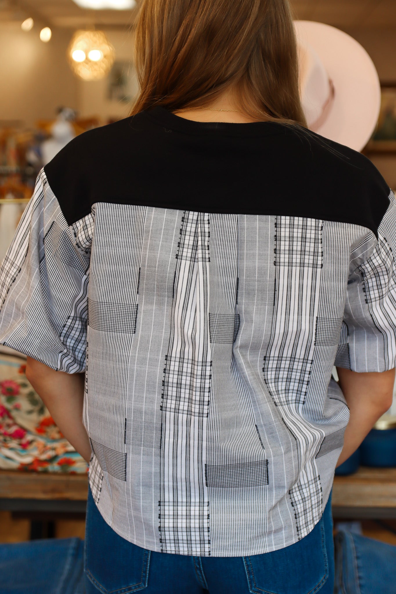 ELAN PLAID DETAIL KNIT TOP