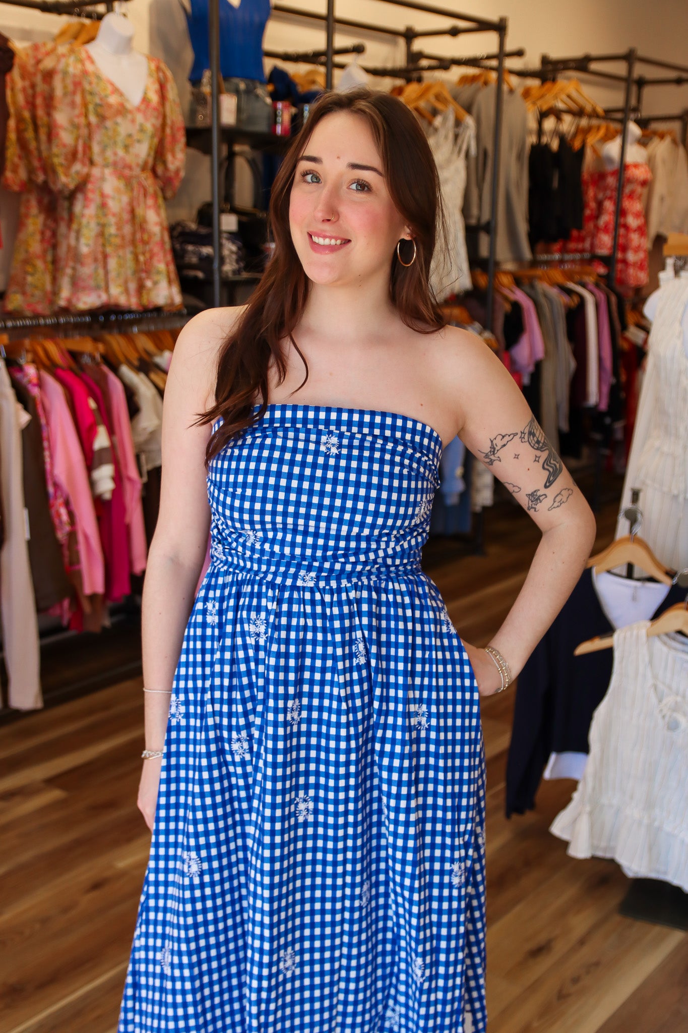 AZURE LACE GINGHAM TUBE MAXI DRESS