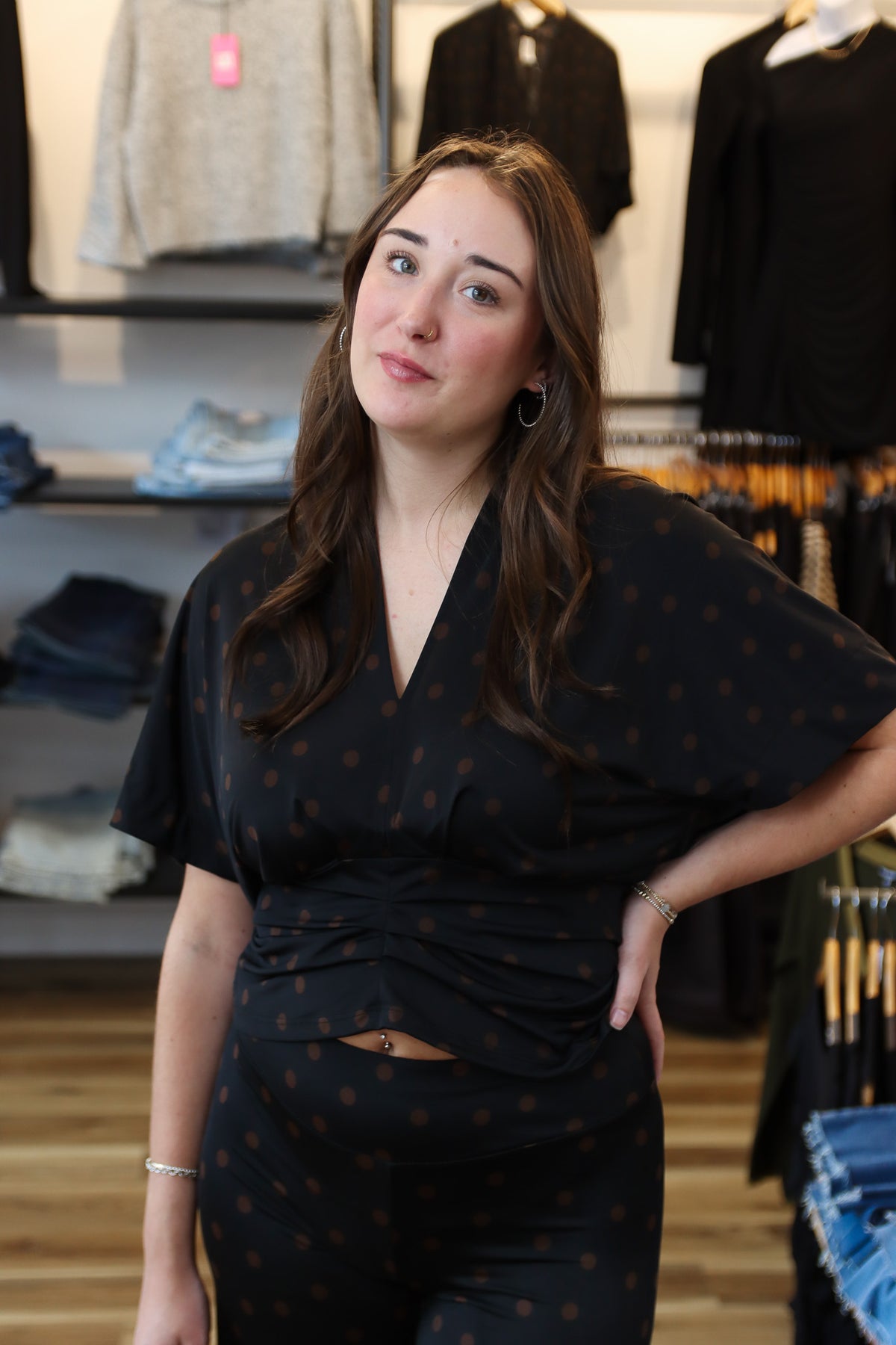 ARIELLA POLKA DOT RUCHED WAIST V-NECK TOP