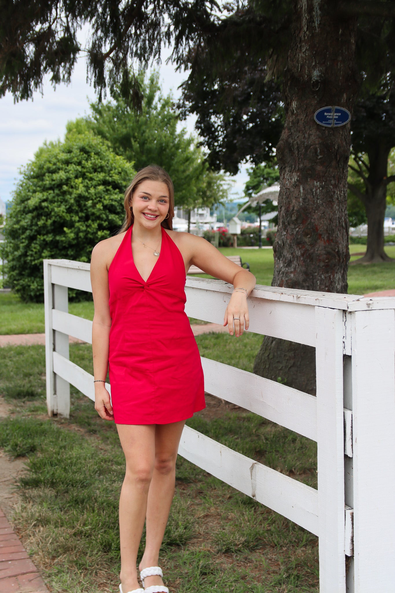 NEEDII STRETCH LINEN HALTER MINI DRESS