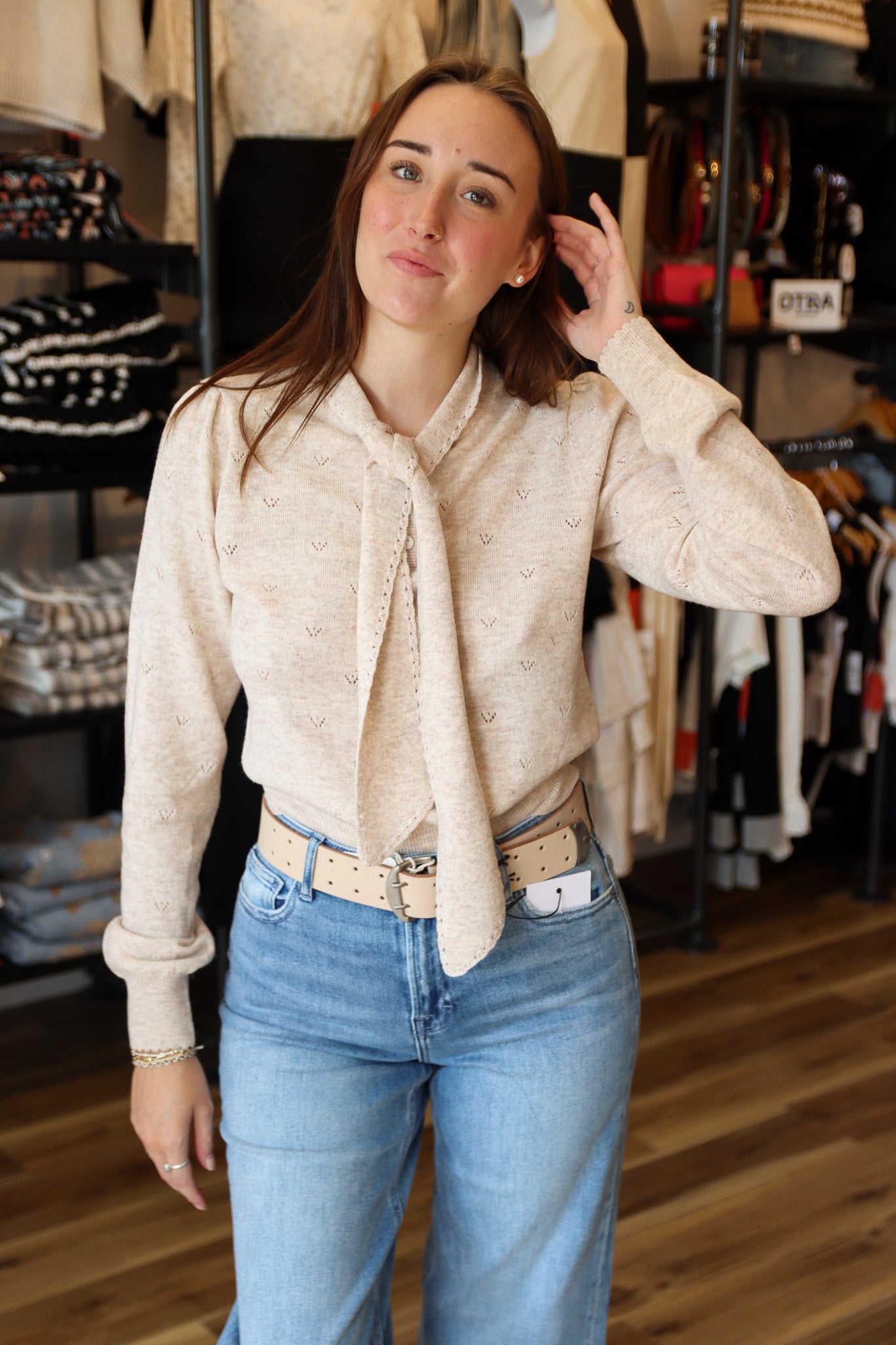 OVALIA TIE NECK SWEATER