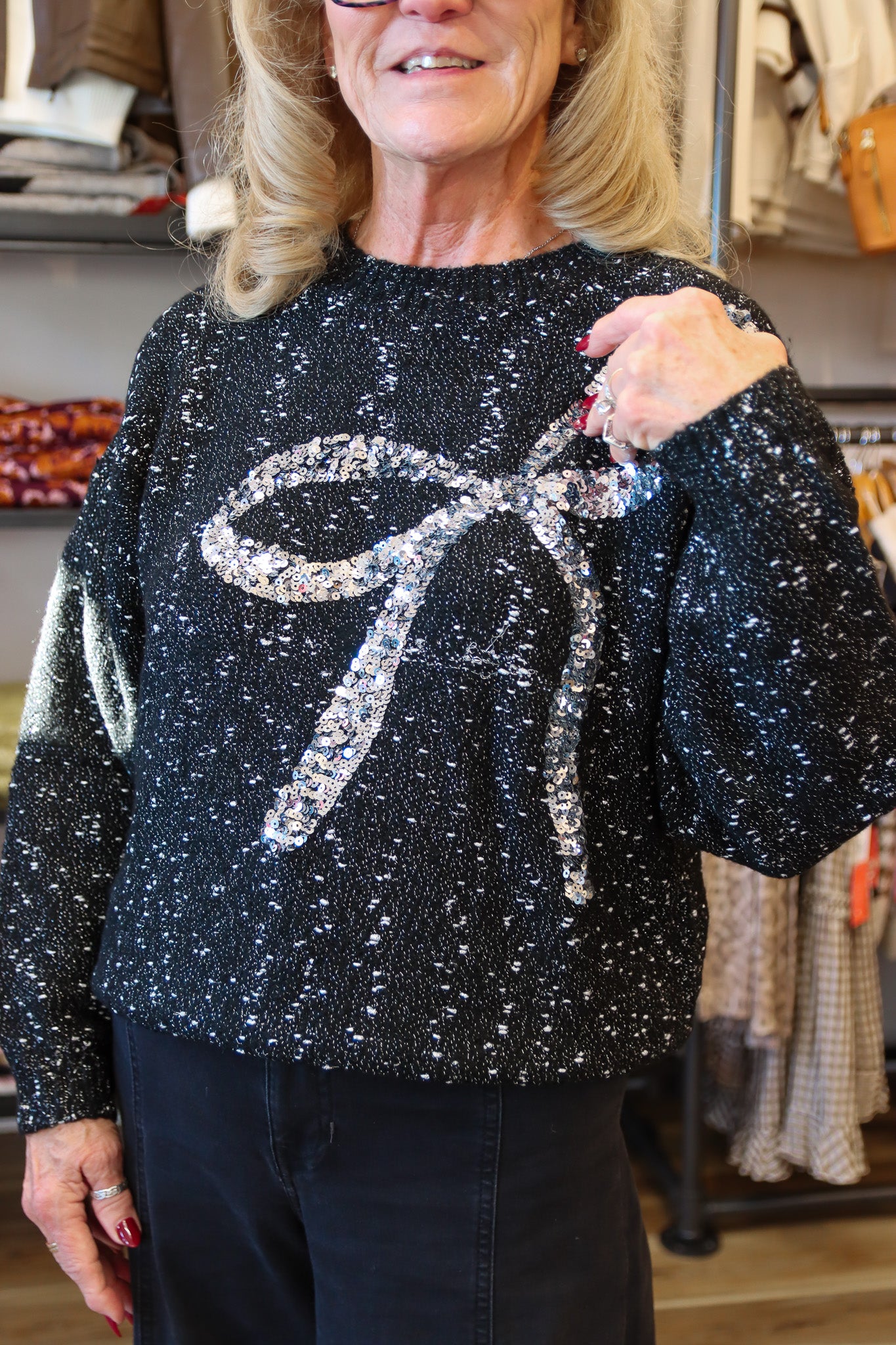 SEQUIN BOW SWEATER