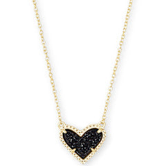 ARI HEART SHORT PENDANT NECKLACE GOLD BLACK DRUSY ONE SIZE