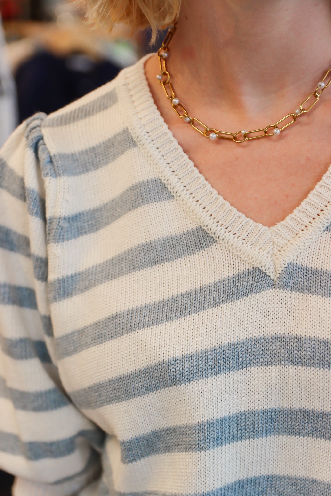 SUZY D "FELORA" STRIPE BUBBLE SLEEVE KNIT SWEATER