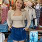 NEEDII WASHED SMOCKED WAISTBAND DENIM SKORT