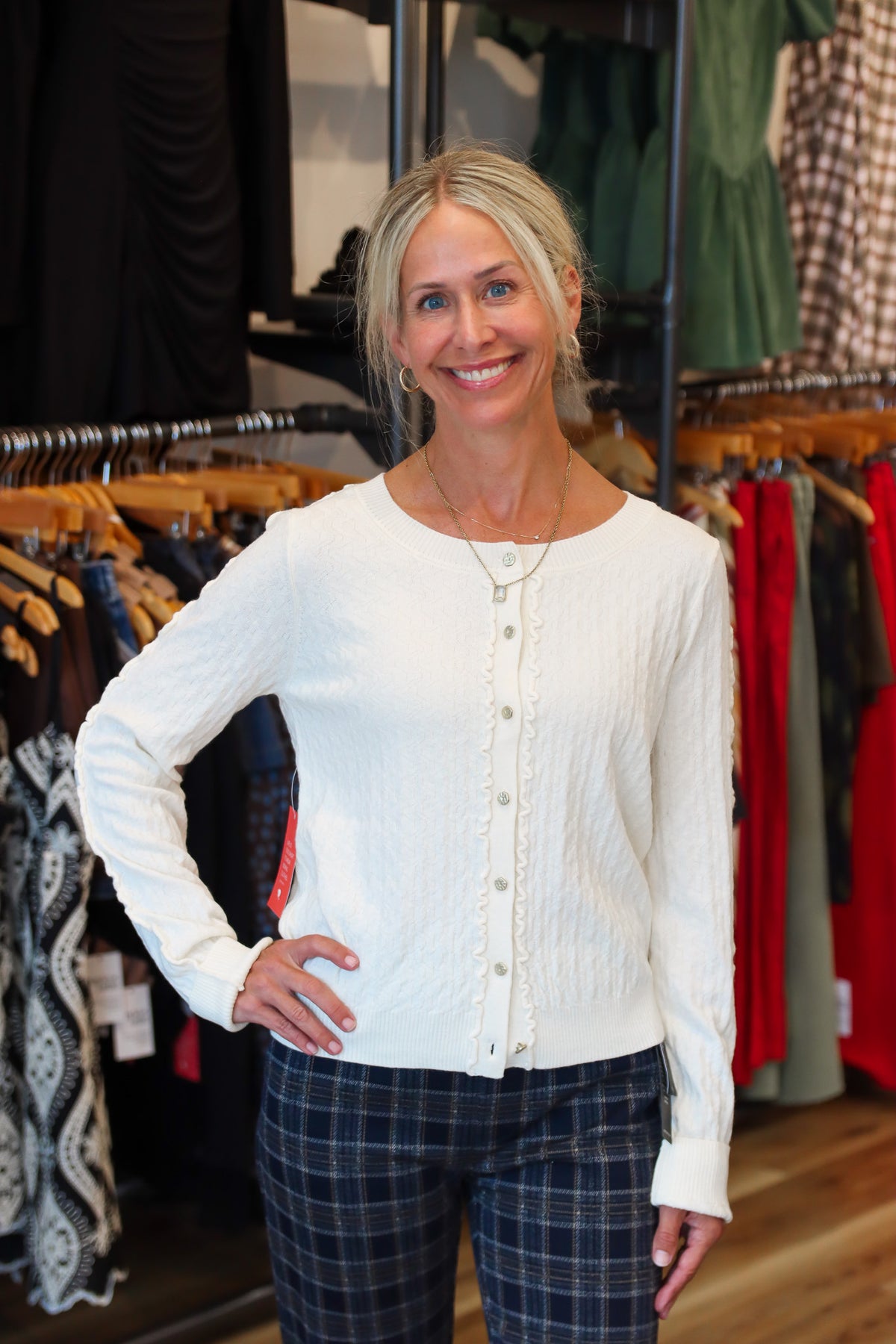 LIVERPOOL RUFFLE BUTTON FRONT SWEATER