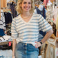 SUZY D "FELORA" STRIPE BUBBLE SLEEVE KNIT SWEATER