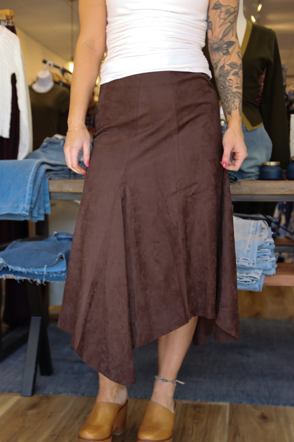 NEEDII SUEDE HANDKERCHIEF MIDI SKIRT