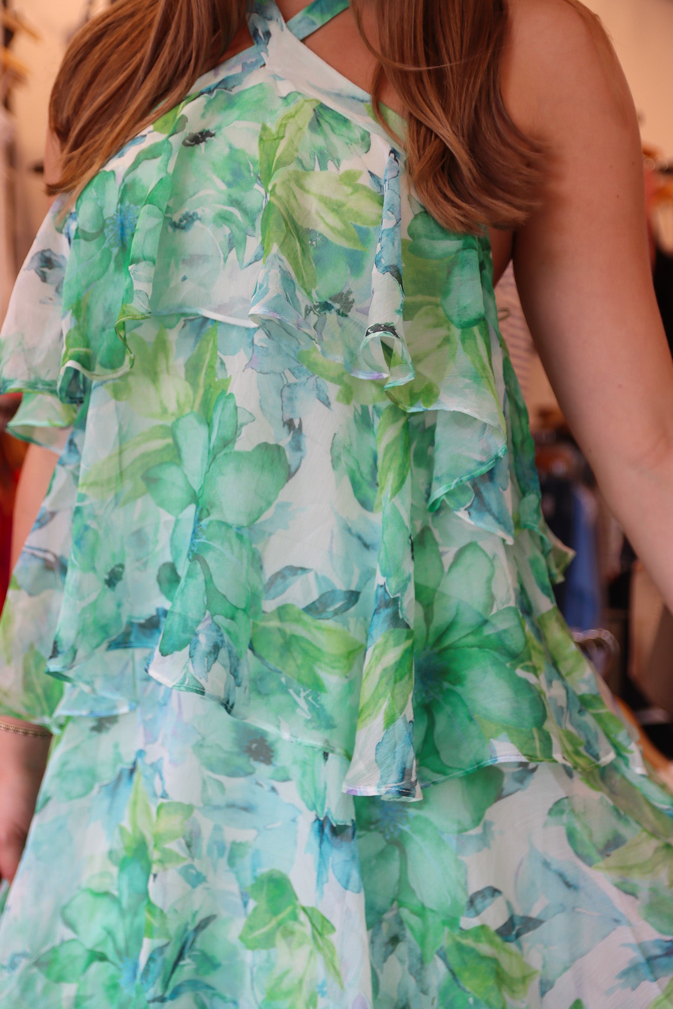 ASTR THE LABEL “DAIGA” FLORAL HALTER TIERED MAXI DRESS