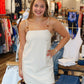 NEEDII BEADED SHOULDER SHIFT MINI DRESS