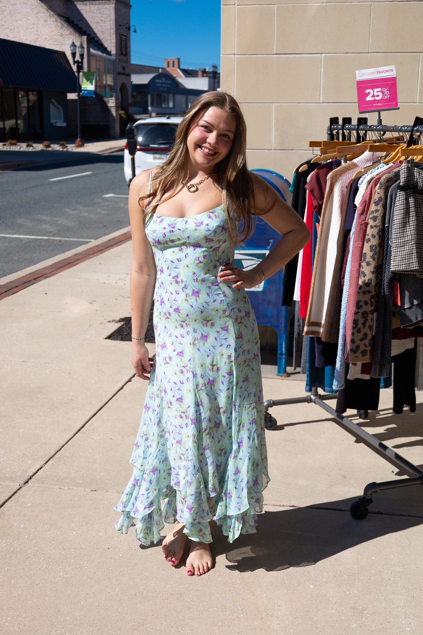 FLORAL WATERCOLOR RUFFLE DOWN MIDI DRESS