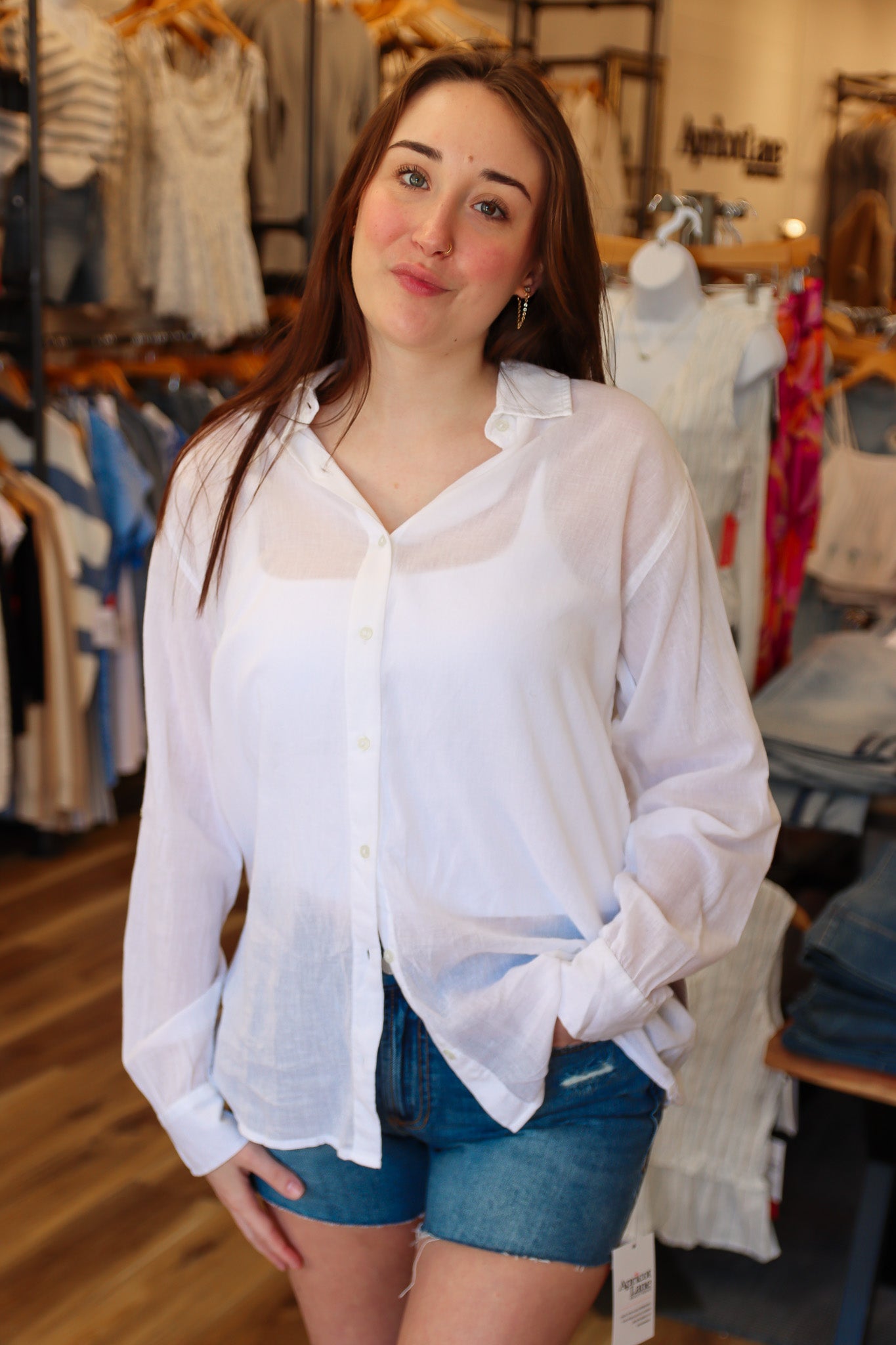 ELAN “NO BAD VIBES” PRINTED  BUTTON DOWN