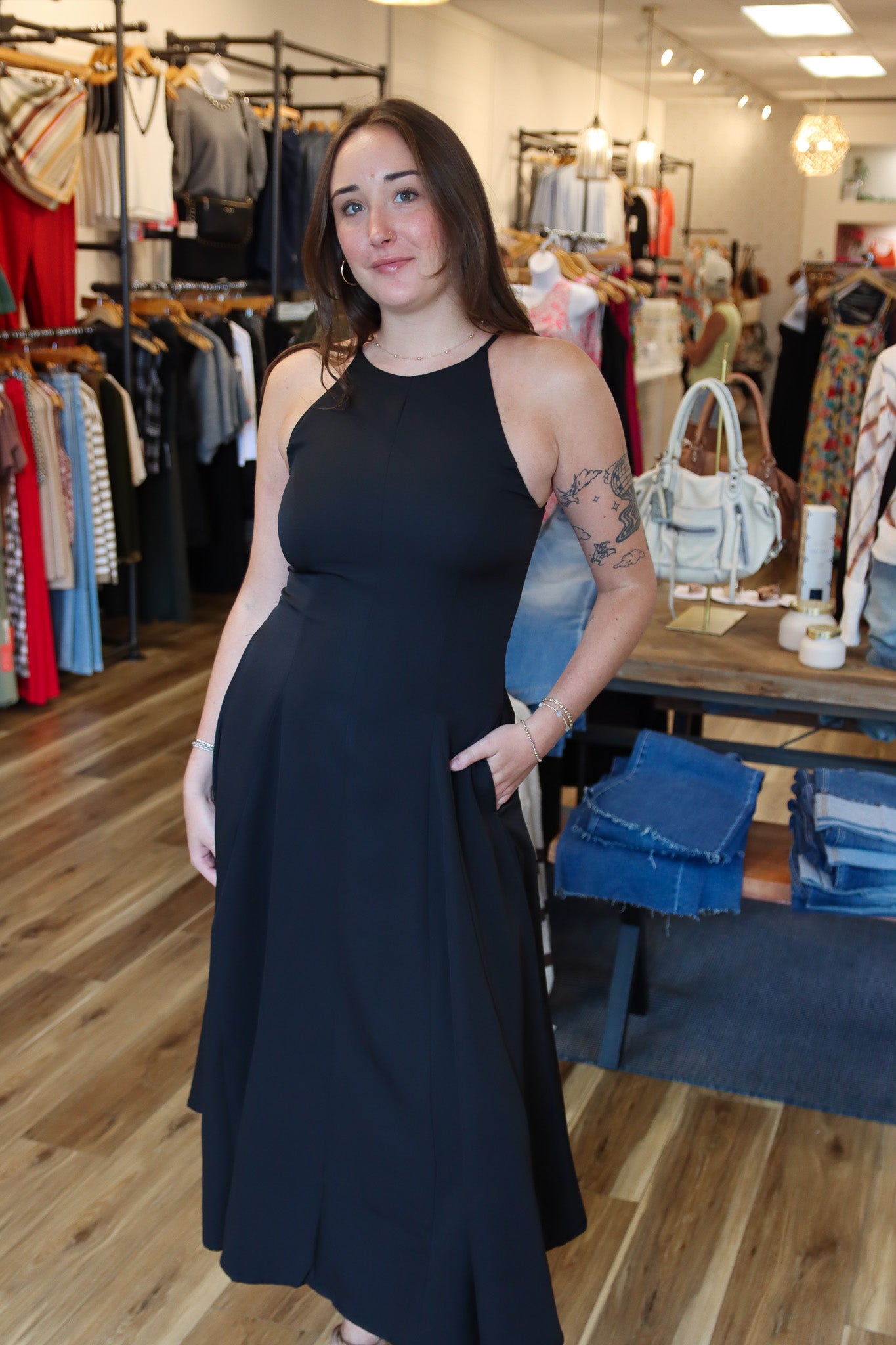 PINCH HALTER NECK A-LINE MAXI DRESS