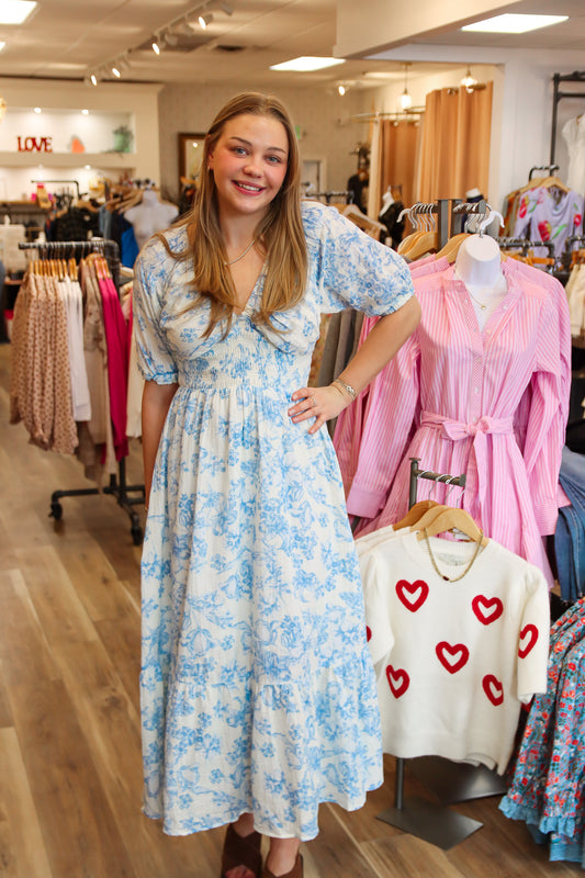 PUFF SLEEVE SMOCKED MAXI DRESS