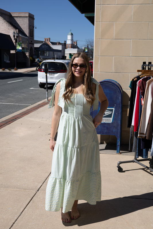 STRIPE OXFORD PINTUCK PLEATED DETAIL MAXI DRESS WITH  SMOCKING AND BOW TIES