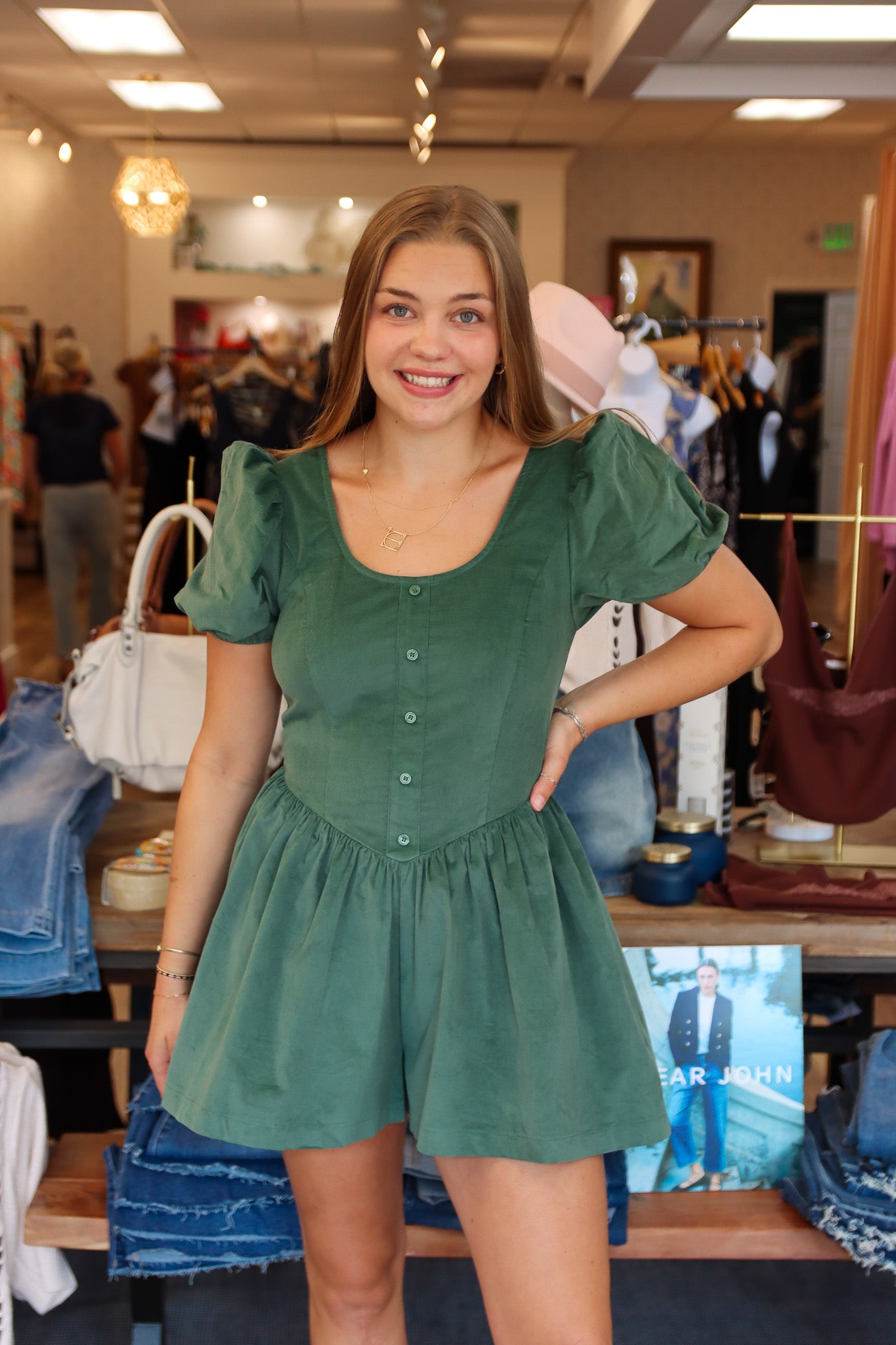 NEEDII SHORT PUFF SLEEVE CORDUROY ROMPER