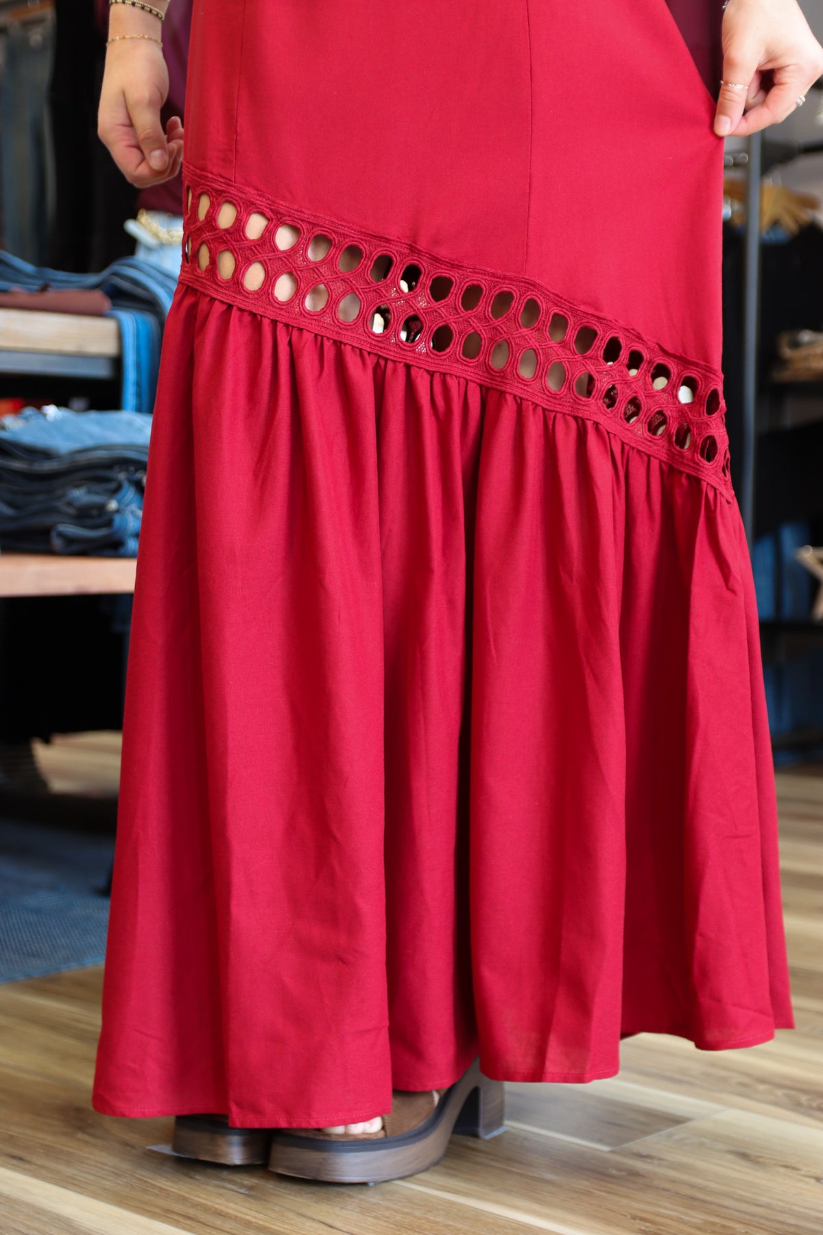 BABY PINK CUTWORK LACE TRIMMED MAXI DRESS