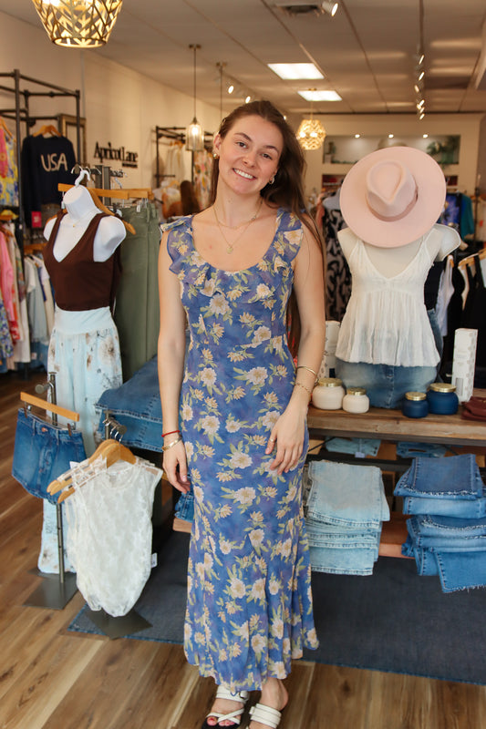 ASTR THE LABEL “CAROLETTA” RUFFLE NECK MAXI DRESS
