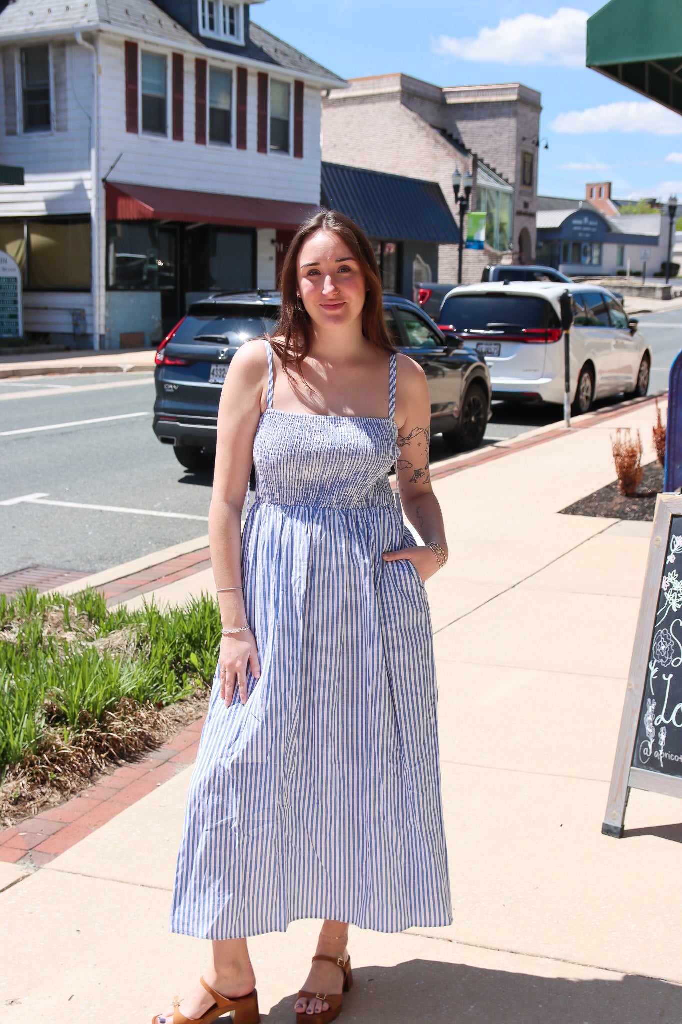 SIX FIFTY “EBONY” STRIPED POPLIN SMOCKED DRESS