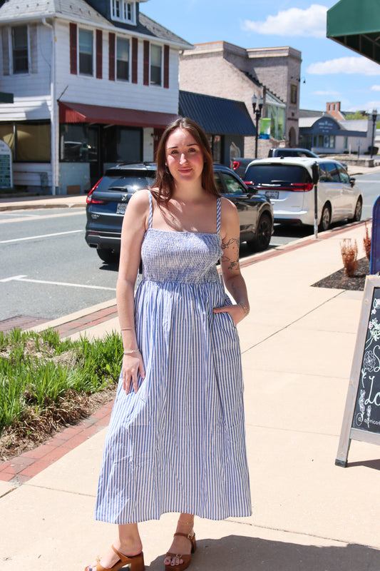 SIX FIFTY “EBONY” STRIPED POPLIN SMOCKED DRESS