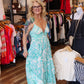 MILIO MILANO “LILY” FLORAL PRINT RUCHED BACK TIERED MAXI DRESS