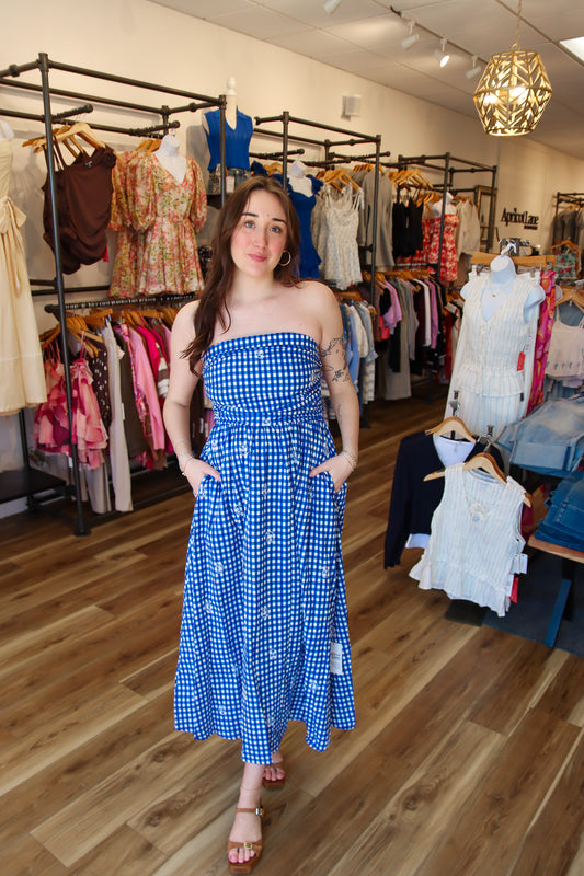 AZURE LACE GINGHAM TUBE MAXI DRESS