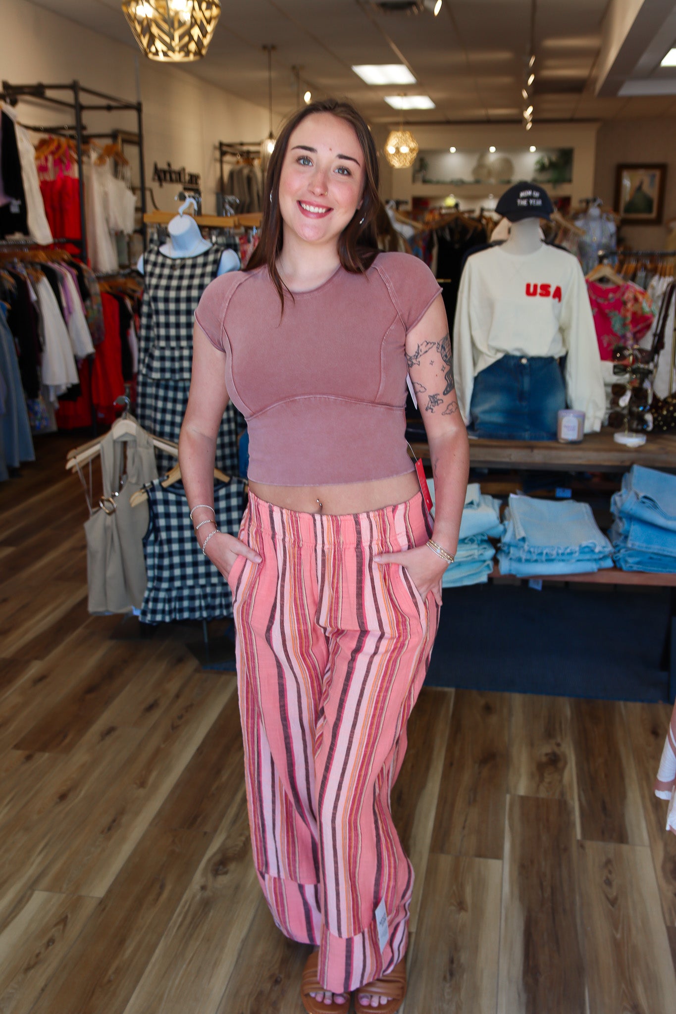 FREE PEOPLE “DAYS END” SOLAR LINEN STRIPE PANT