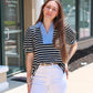 JODIFL CONTRAST COLLAR STRIPE PUFF SLEEVE TOP