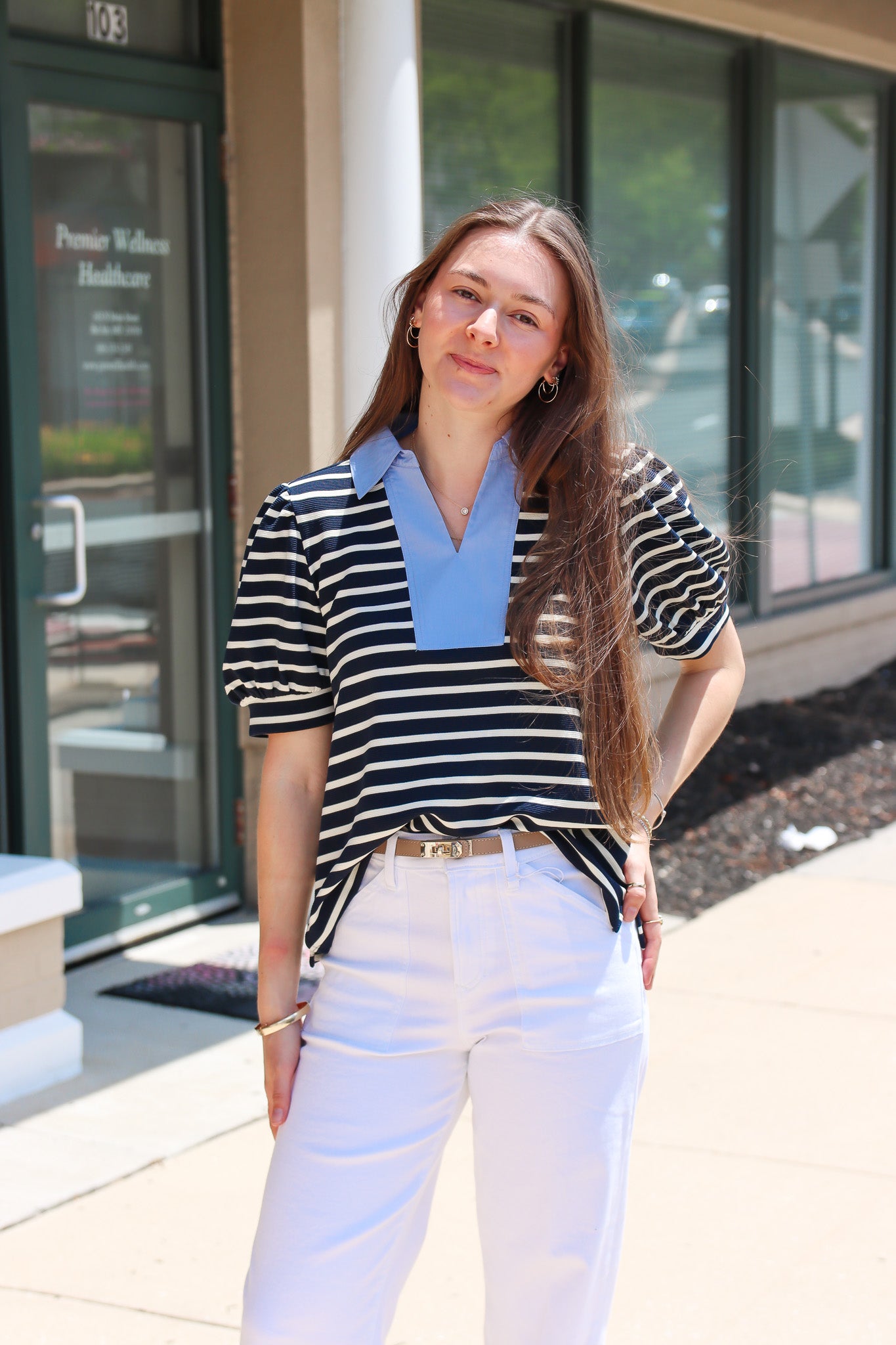JODIFL CONTRAST COLLAR STRIPE PUFF SLEEVE TOP