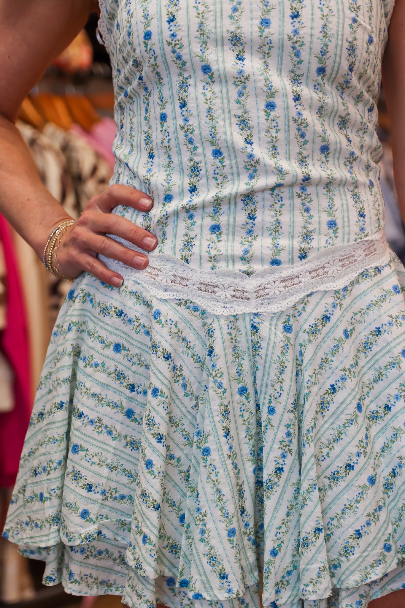 BREEZY STRIPE HALTER TIE LACE LAYERED MINI