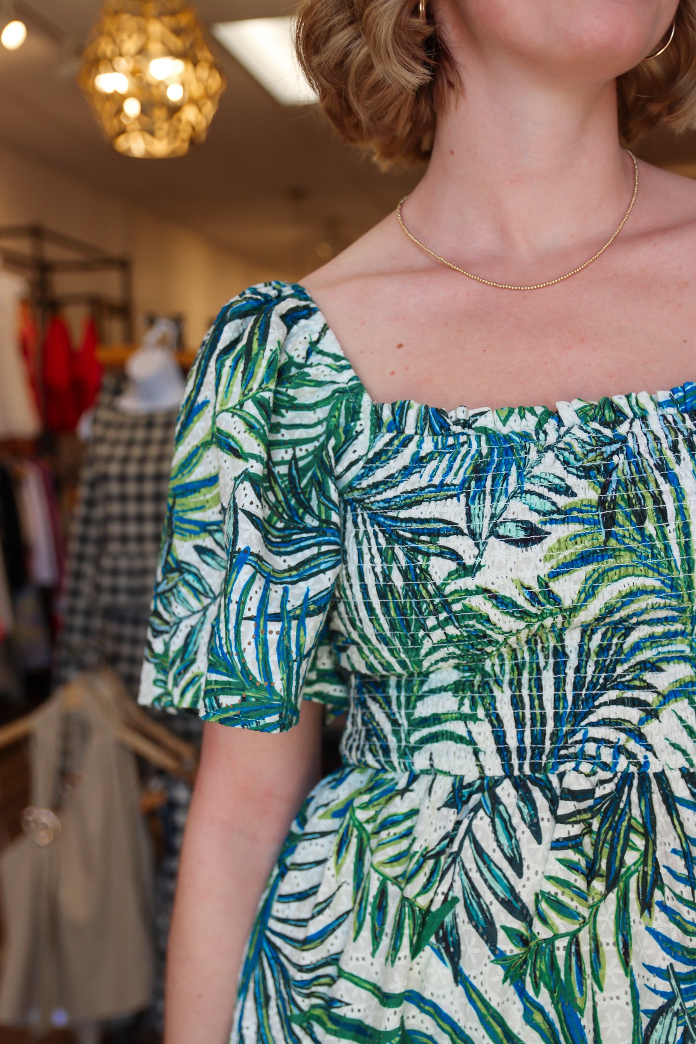 APRICOT LEAF PRINT BRODERIE ANGLAISE DRESS