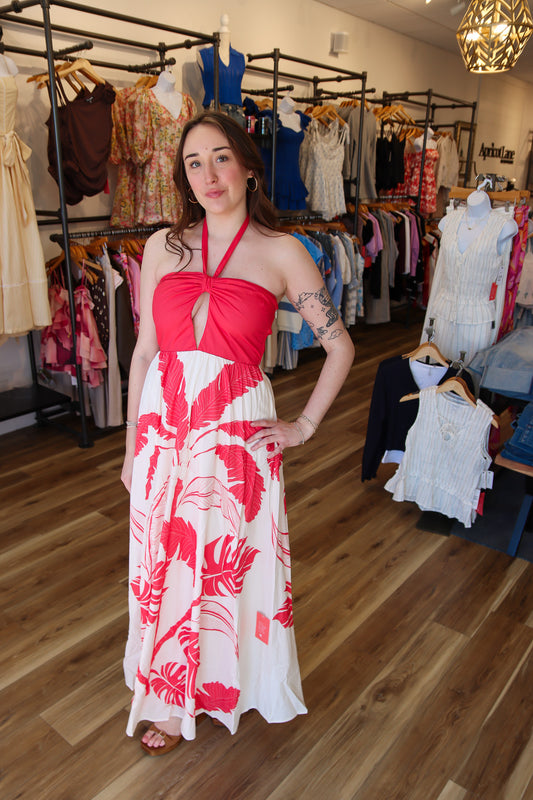 MABLE PLACEMENT PRINTED HALTER MAXI DRESS