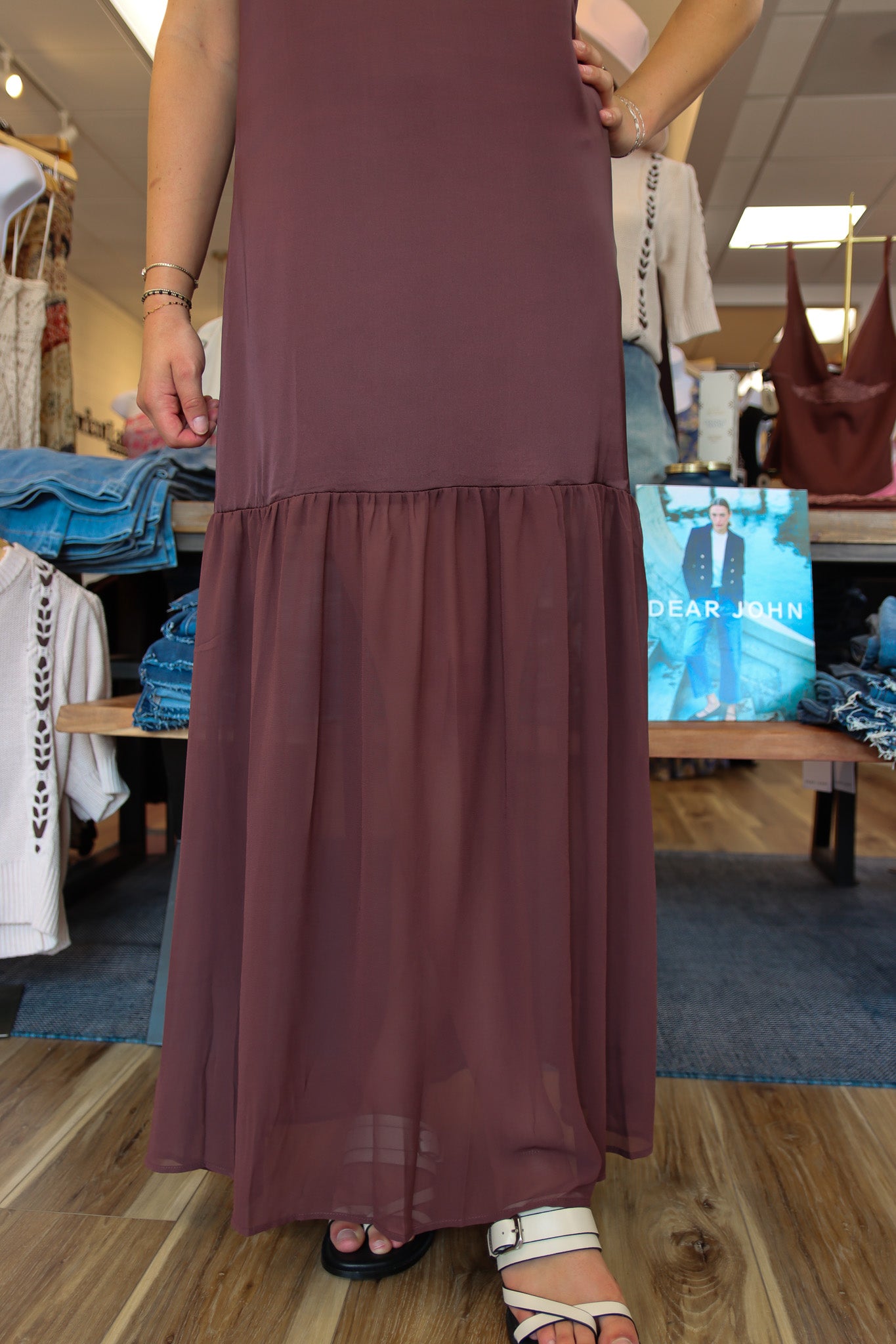 TCEC ADJUSTABLE STRAP STAIN/CHIFFON MAXI DRESS