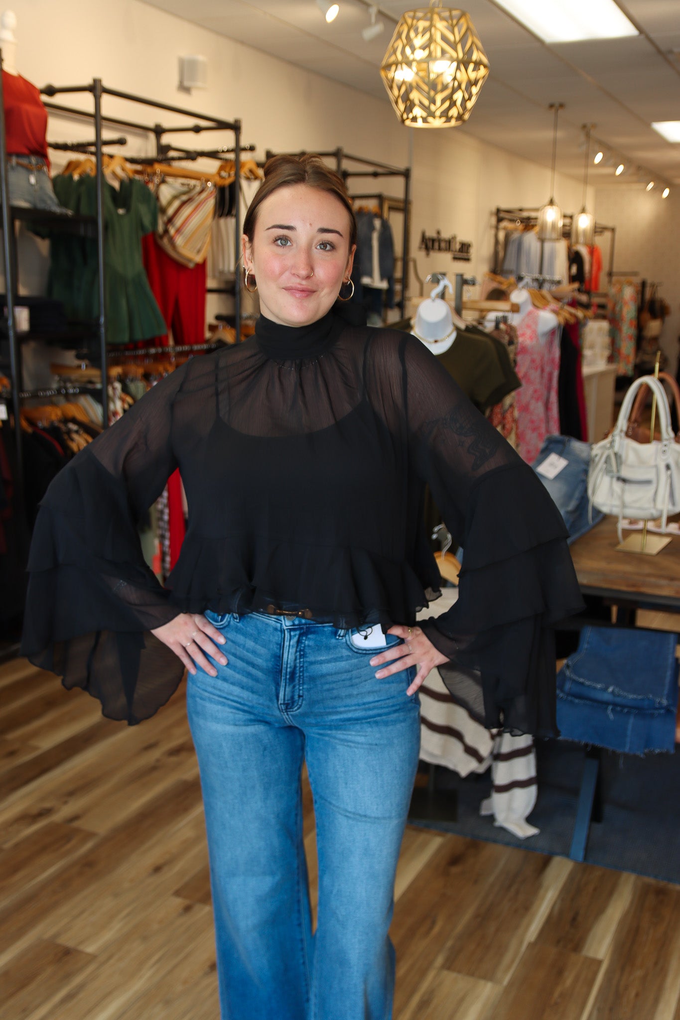 BY TOGETHER FLOWY SLEEVE MOCK NECK SHEER TOP