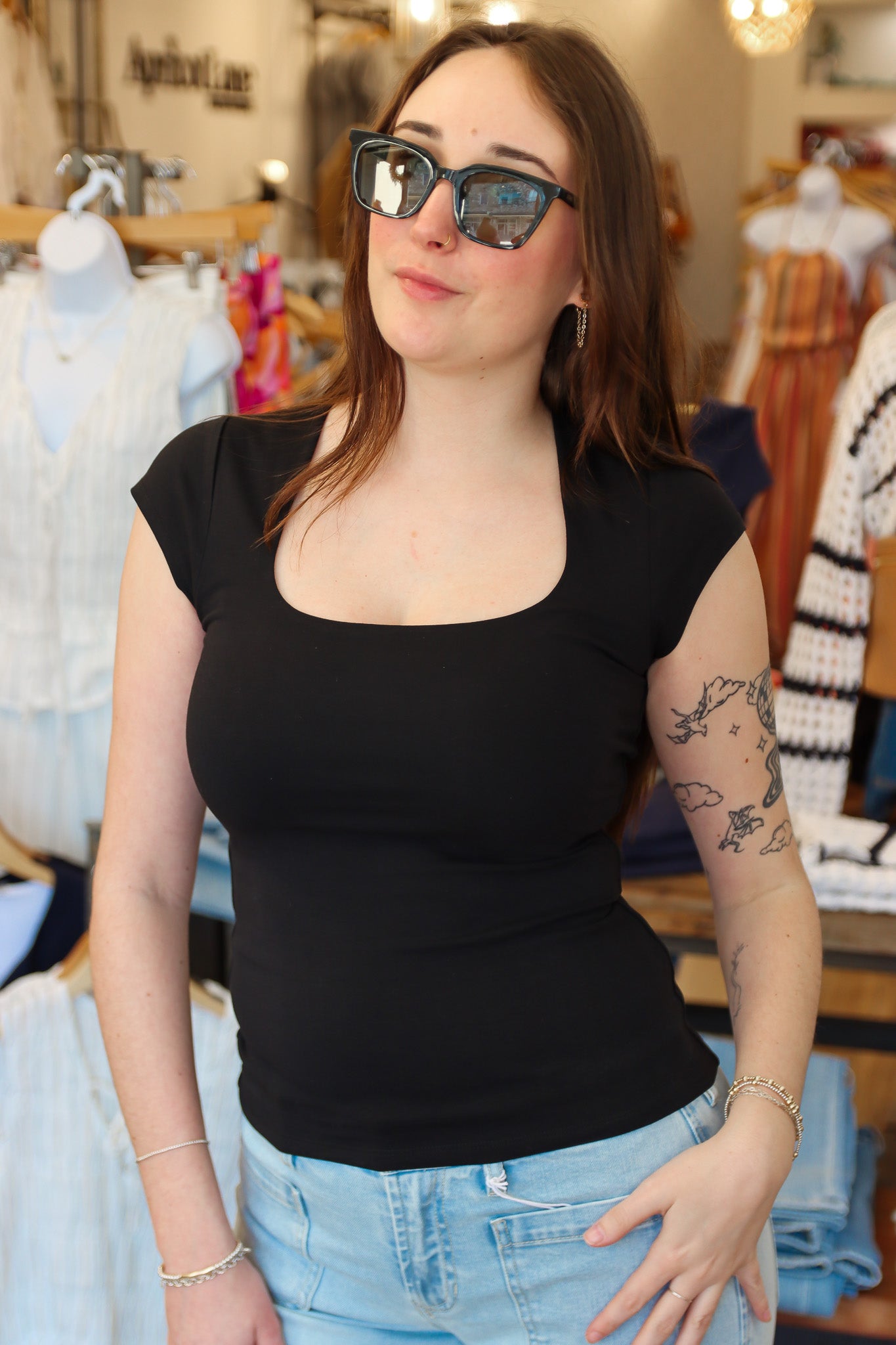 RD STYLE “SHAYLA” COTTON CORE CAP SLEEVE SQUARE NECK TOP