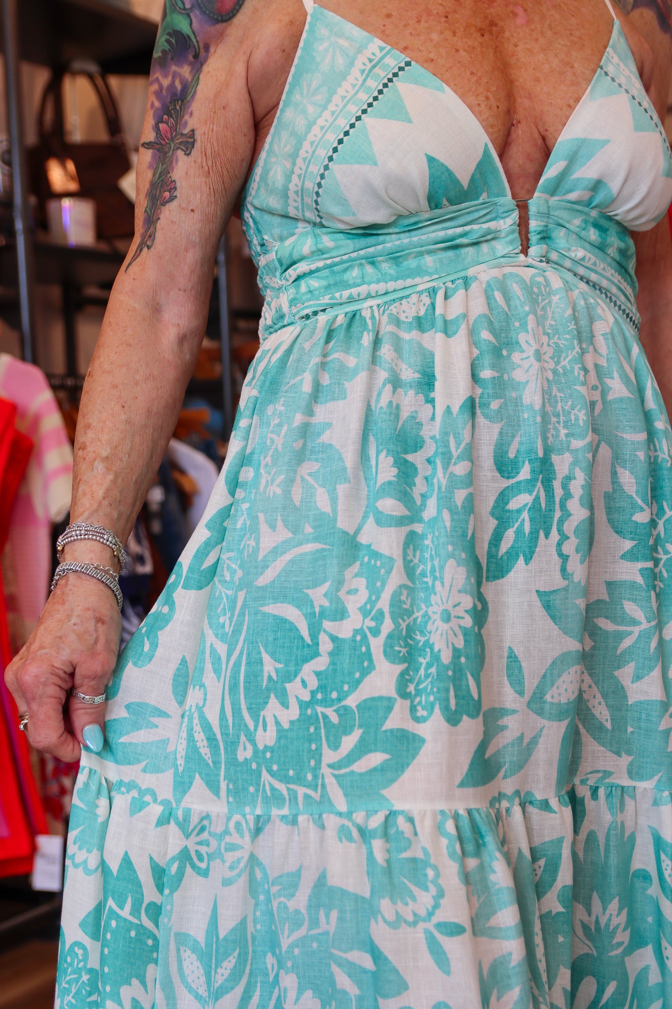 MILIO MILANO “LILY” FLORAL PRINT RUCHED BACK TIERED MAXI DRESS