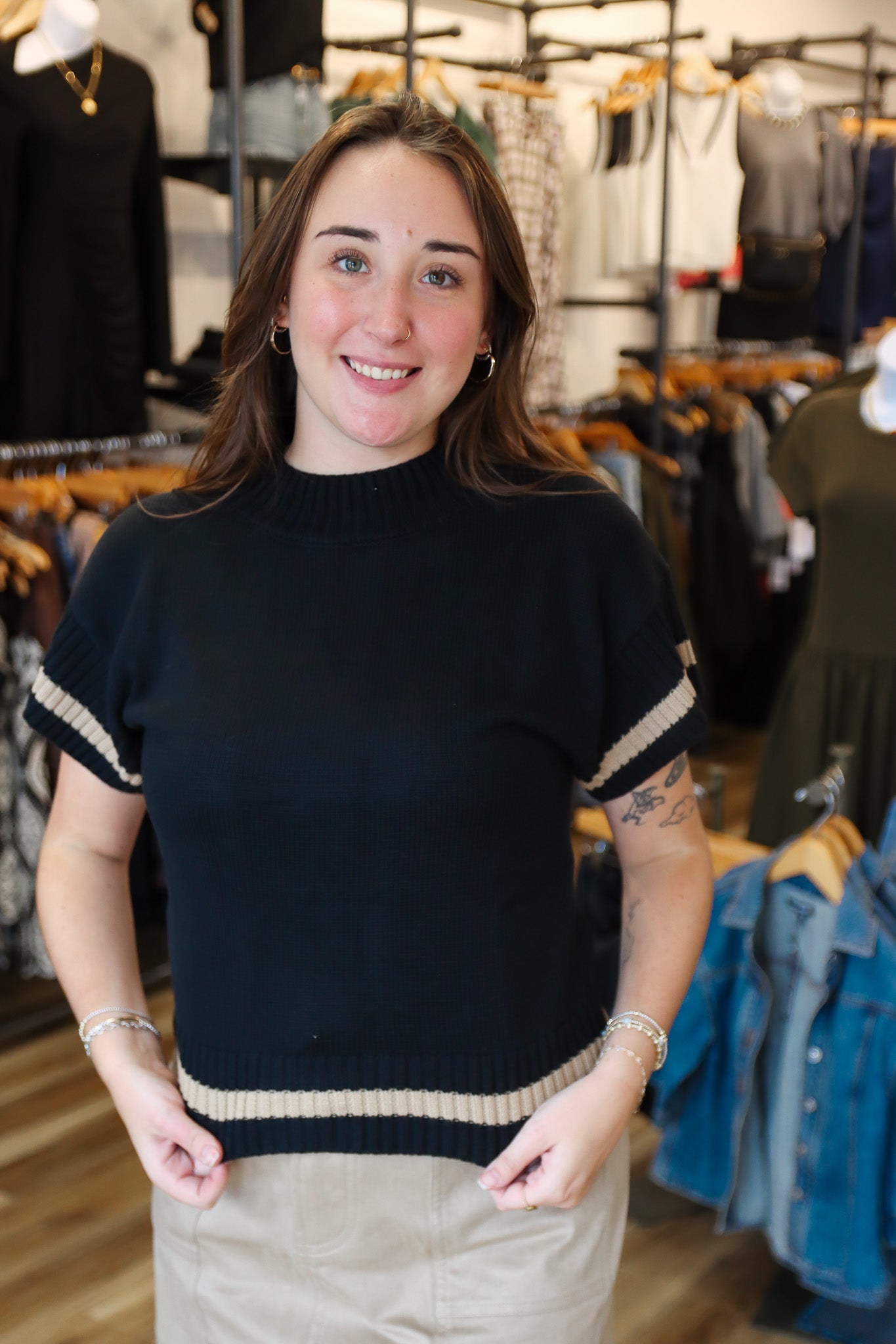 ELAN SHORT SLEEVE STRIPE TRIM SWEATER