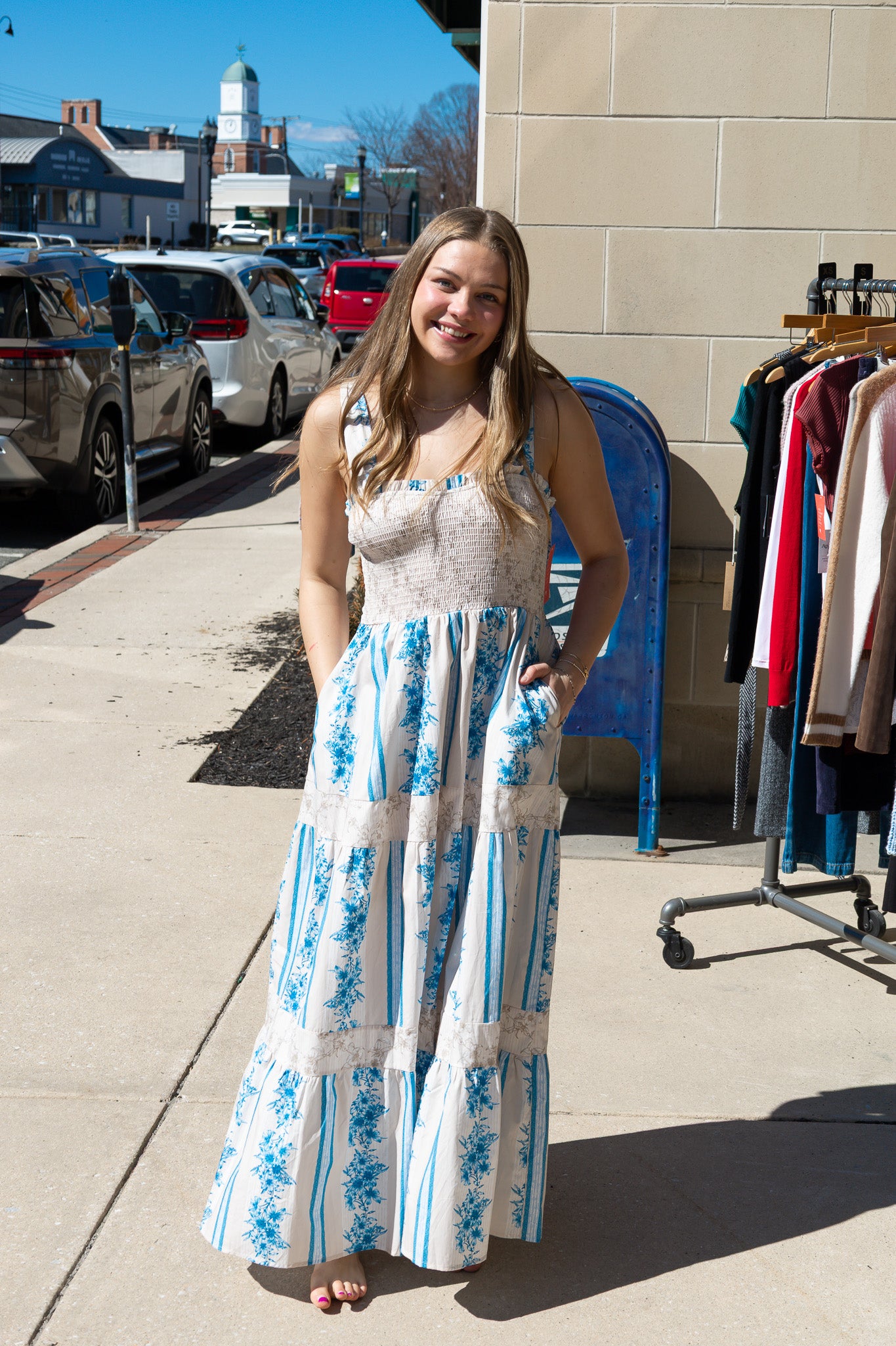 FLORAL PRINTED COTTON POPLIN SHOULDER TIE MAXI DRESS