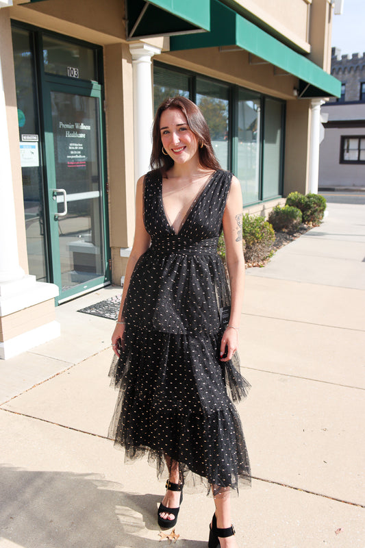 Decadent Impression Black Tulle Dot Midi Dress