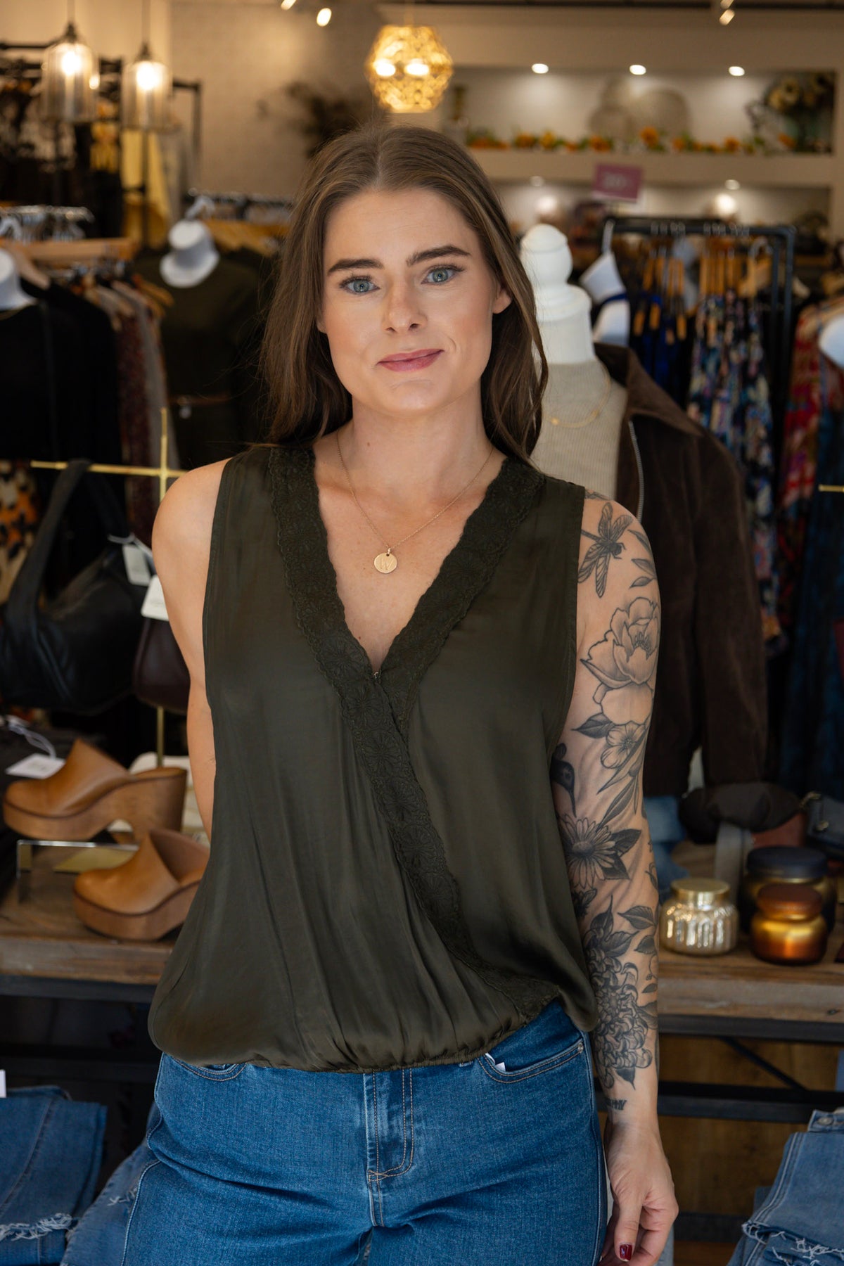 LOVESTITCH SLEEVELESS EMBROIDERY SURPLICE TOP