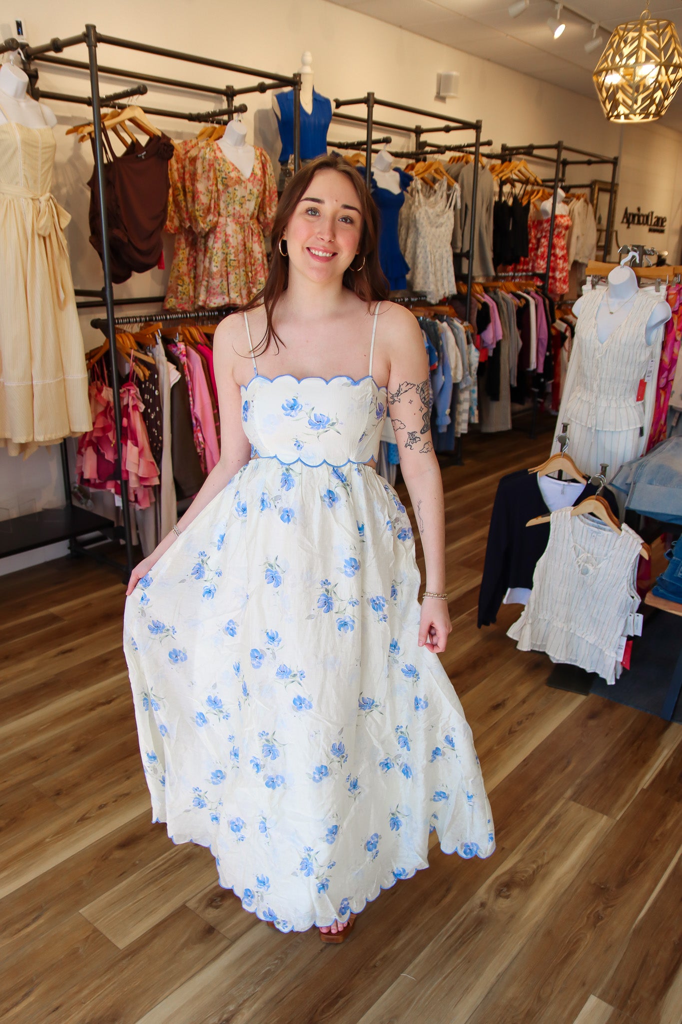 MABLE FLORAL PRINTED SCALLOP EMBROIDERED MIDI DRESS